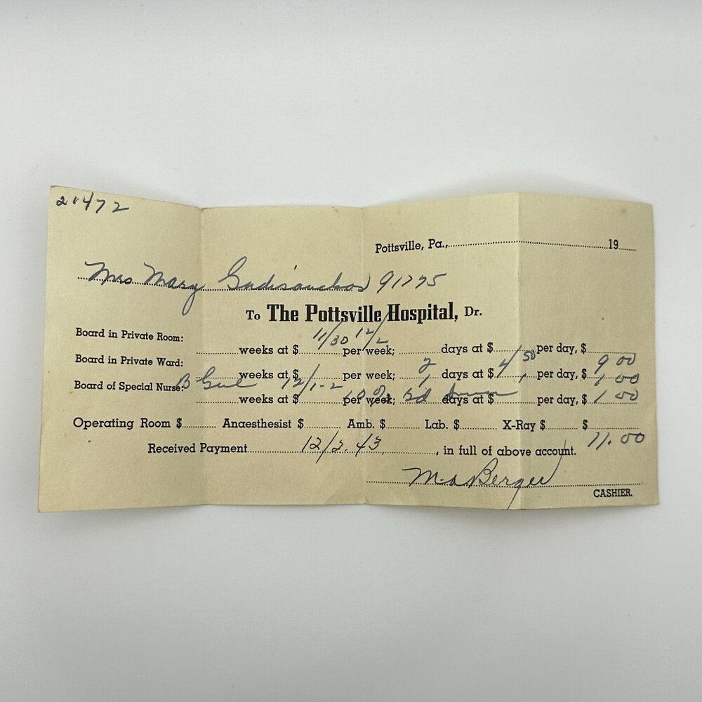 1943 The Pottsville Hospital Receipt, Pottsville Pennsylvania